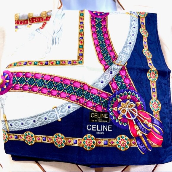 New Celine Paris Mini Scarf cotton/silk 20" beige blue horse bow logo (62) - Picture 3 of 10
